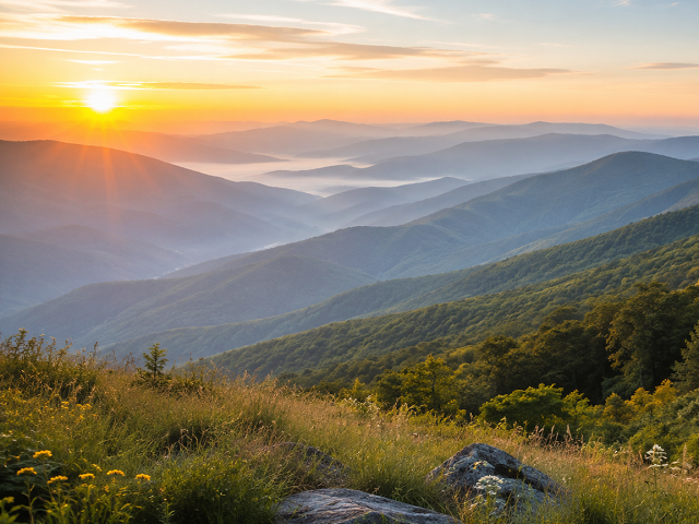 A hazy sunrise over the ridges near Robin Song
